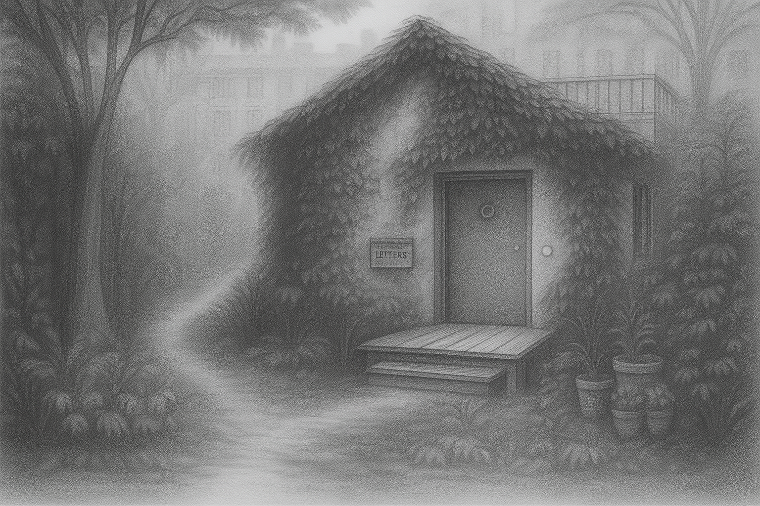 AI-assisted digital composition of the house and glowing doorbell set in the wooded garden.